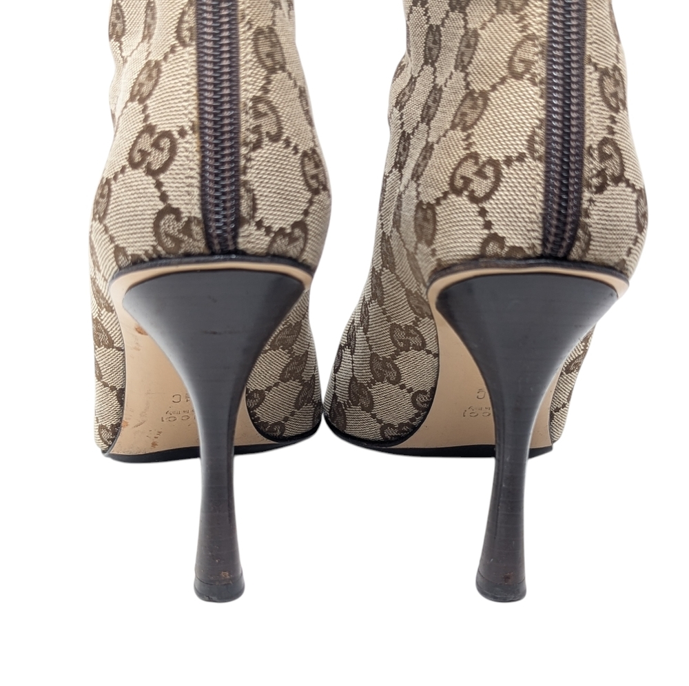 Gucci Signature Calf High Pointed Brown & Beige Monogram Heeled Boots Sz EU 38.5 - Picture 6 of 12
